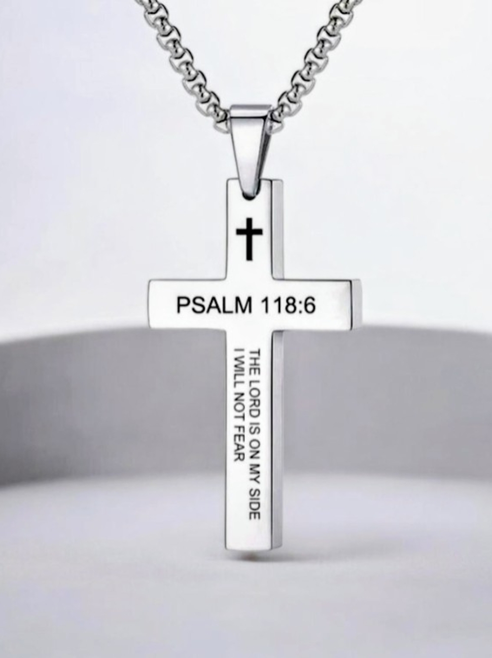 Psalm 118:6 Stainless Steel Cross Pendant Necklace - Silver